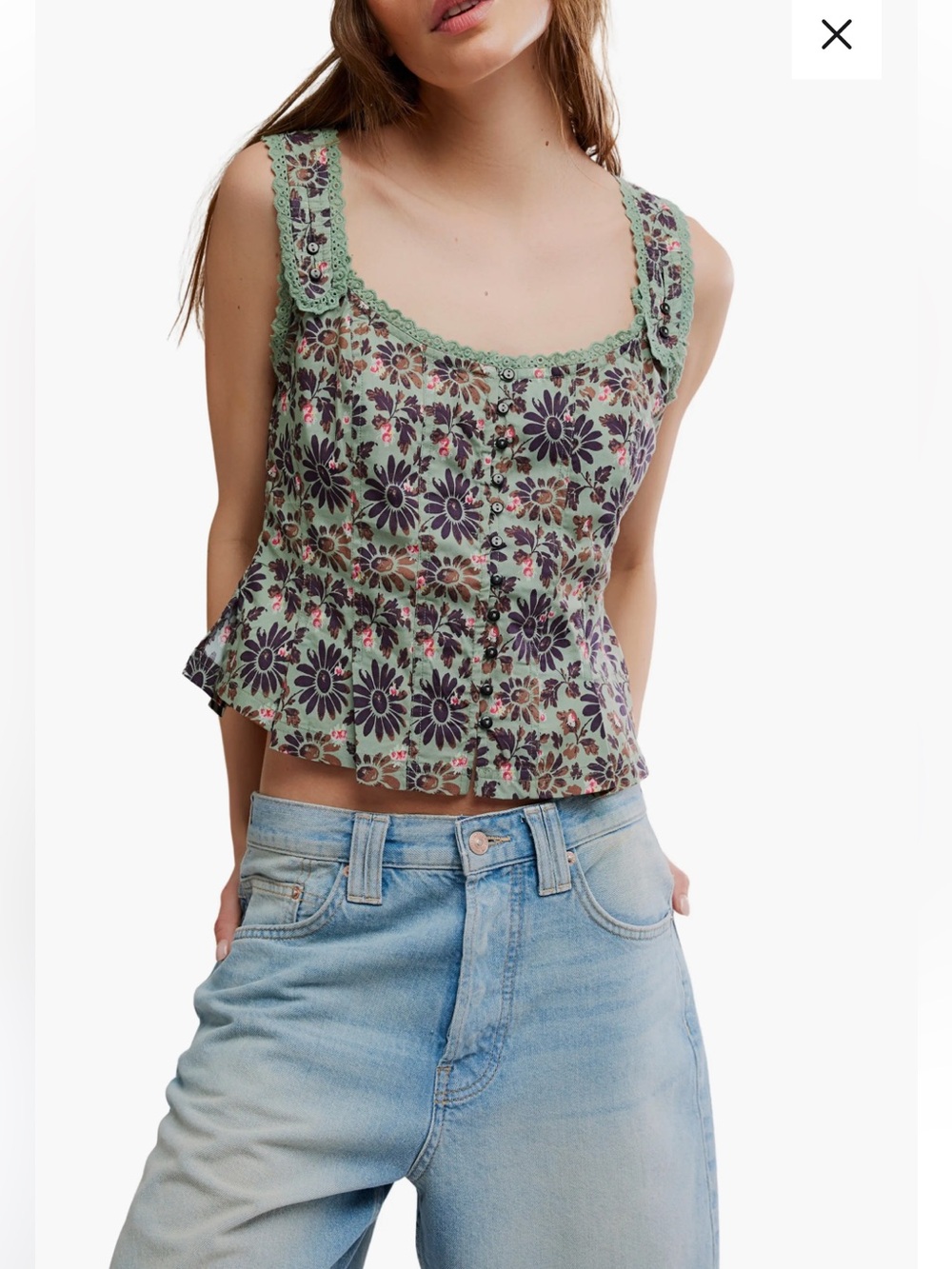 Free People Bridgette Corset Peplum Top in Green Combo Floral lace trim Size XS
